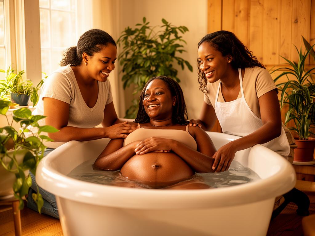 Brown-skinned mother relaxing in a birthing pool supported by her brown-skinned doula and midwife in a warm natural home setting with plants